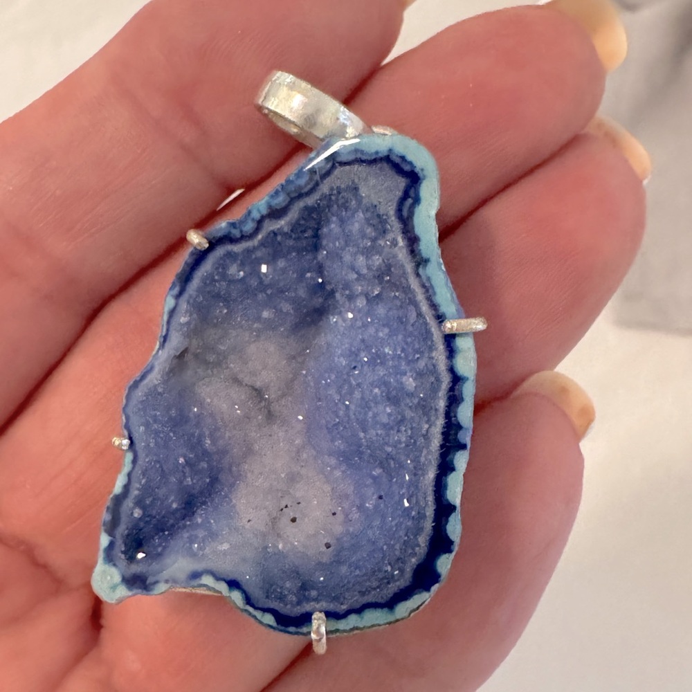 Blue Geode Sterling Silver Pendant for Necklace NEW!